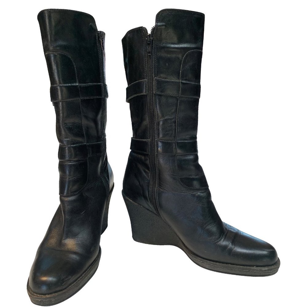 Kuala black leather wedge boot